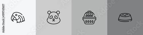 pet shop lineal outline icon set featuring parrot head, panda bear head, portable kennel, water bowl icons.
