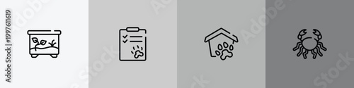 fauna outline icon set featuring terraraium, dog health list, pet shelter, big crab icons.