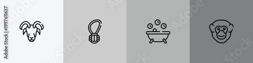 fauna outline icon set featuring male sheep head, rope toy, pets bath, chimpanzee head icons.