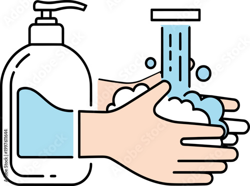 Person washing hands with liquid soap and water in a simple line art style