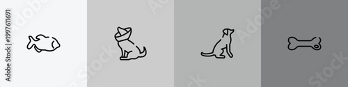 pet shop outline icon set featuring big piranha, cone of shame, dog seatting, dog toy icons.