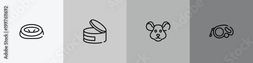 pet shop outline icon set featuring pet bed, canned food, mouse head, extending leads icons.