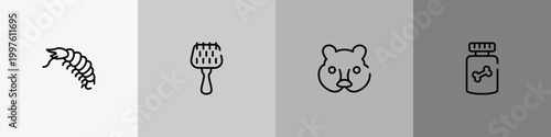 pet shop lineal outline icon set featuring big shrimp, grooming brush, hedgehog head, honey treat icons.