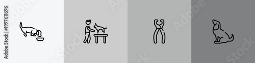 pet shop outline icon set featuring dog eating, dog and veterinarian, nail trimmer, sitting dog icons.