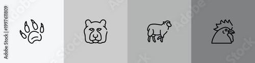 free animals outline icon set featuring animal paw print, tiger head, black sheep, chiken head icons.