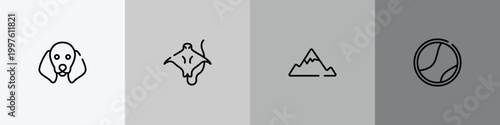 woof woof outline icon set featuring dog with floppy ears, stingray with long tail, angular mountain, tennis ball icons.