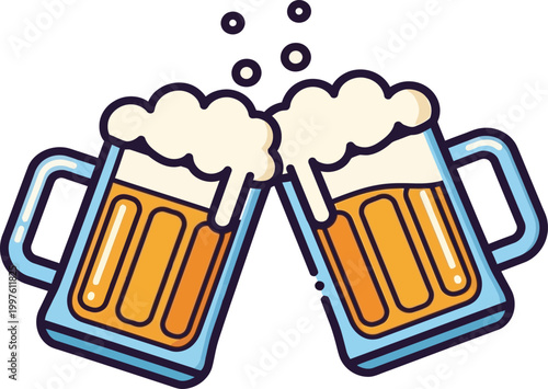 Two glass mugs of beer clinking together for a celebration