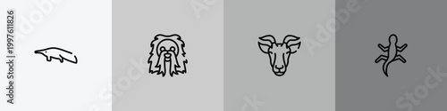 free animals outline icon set featuring sitting anteater, long haired dog head, goat head, gecko icons.