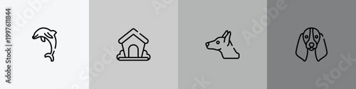 woof woof outline icon set featuring jumping dolphin, dog kennel, doberman dog head, bas hound dog head icons.