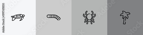 poi nature outline icon set featuring swimming turtle, silkworm, poisonous spider, plain palm tree icons.