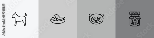 pet hotel outline icon set featuring plain dog, bird and egg, panda face, pets hotel icons.