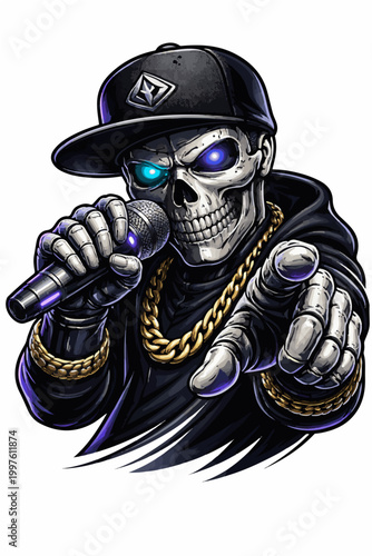 Skeleton Rapper with Microphone and Gold Chain Vector Illustration