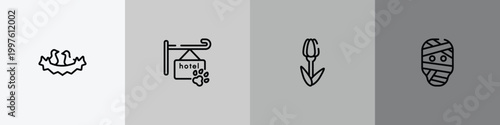 halloween outline icon set featuring birds in nest, pet hotel, tulips, mummy icons.