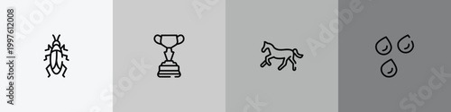 poi nature outline icon set featuring roach, horses races trophy, horse running, raindrops icons.