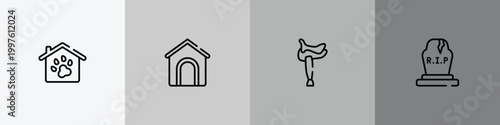 halloween outline icon set featuring pet hotel, dog and pets house, horse saddle, tombstone icons.