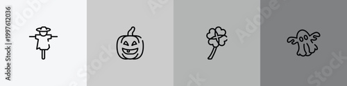 halloween outline icon set featuring scarecrow, lantern, four leaf clover, ghost icons.