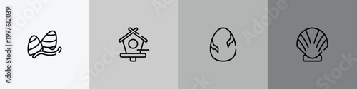 poi nature outline icon set featuring gummy, birds house, egg with a crack, seashell icons.
