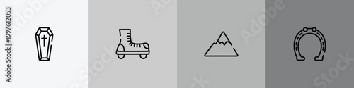 horses outline icon set featuring coffin, roller skate, mountain range, horseshoe tool icons.