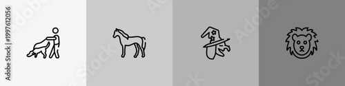 funny animals outline icon set featuring dog and a man, horse standing, witch, lion face icons.