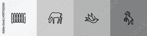 horses outline icon set featuring garden fence, horse grazing, black bird, wild horse icons.