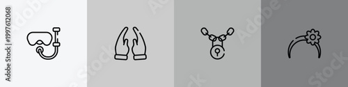 thanksgiving outline icon set featuring snorkel, prayer, locks, headband icons.