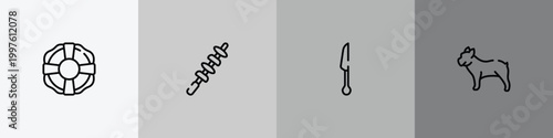 animals outline icon set featuring lifesaver, skewer, cutlery, bulldog icons.