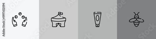 spring outline icon set featuring juggling, circus, sun lotion, beekeeper icons.