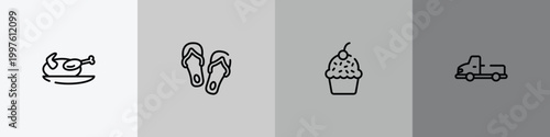 africa outline icon set featuring turkey, flip flops, muffin, pickup truck icons.