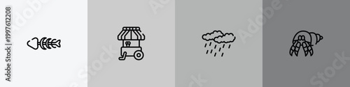 animals outline icon set featuring fishbone, ice cream cart, precipitation, hermit crab icons.