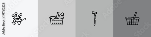 city park outline icon set featuring wheelbarrow, picnic, axe, food basket icons.