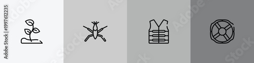 diving outline icon set featuring sprout, pond skater, lifejacket, lifebuoy icons.