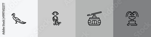zoo outline icon set featuring peacock, cleaner, cable car, fountain icons.