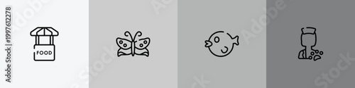 in the zoo outline icon set featuring food stand, butterflies, puffer fish, veterinarian icons.