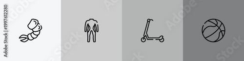 city park outline icon set featuring shrimp, diving suit, scooter, basketball ball icons.