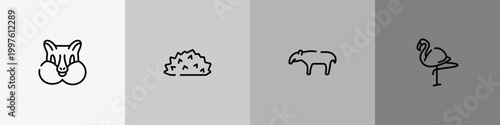wildlife outline icon set featuring chipmunk, hive, tapir, flamingo icons.
