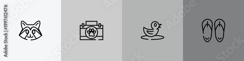 desert outline icon set featuring racoon, animal aid, duck, sandals icons.