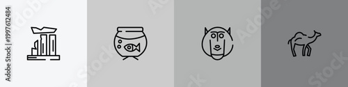 desert outline icon set featuring relics, aquarium, baboon, dromedary icons.