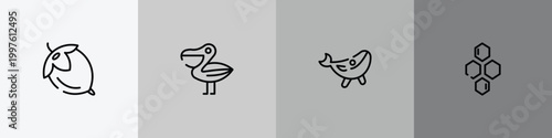 wildlife outline icon set featuring hazelnut, pelican, blue whale, hive icons.
