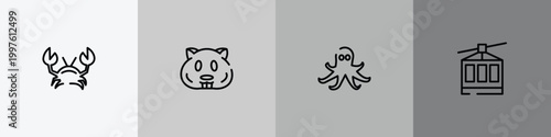 zoo outline icon set featuring crab, hamster, octopus, cable car icons.