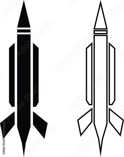 Rocket missile space launch vehicle icon set collection group in black flat and line style featuring rocket, missile, spacecraft, booster, launch synonym elements for aerospace, military and technolog