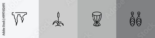 africa outline icon set featuring icicle, cattail, african drum, earrings icons.