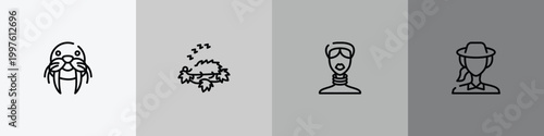 in the zoo outline icon set featuring walrus, hibernation, african, biologist icons.