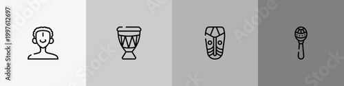 africa outline icon set featuring african man, drum, african mask, maracas icons.