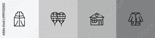 winter outline icon set featuring anorak vest, snowshoes, winter cabin, winter clothes icons.