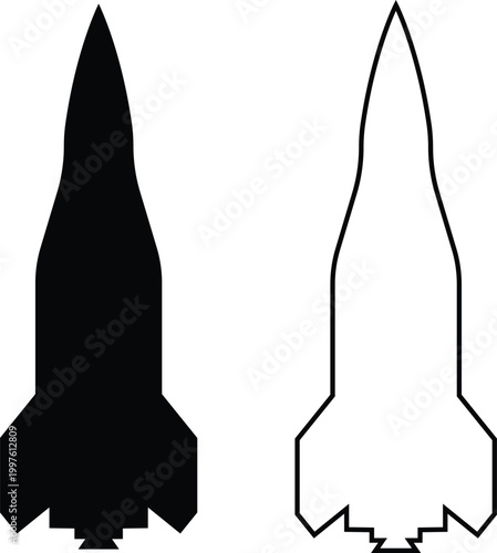Rocket missile space launch vehicle icon set collection group in black flat and line style featuring rocket, missile, spacecraft, booster, launch synonym elements for aerospace, military and technolog