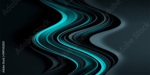 Abstract black and blue wave road concept background with flowing curves, winding highway pattern and modern vector design motion lines