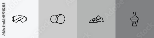 winter outline icon set featuring snow goggle, snow ball, snowy mountain, hot drink icons.