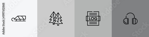 winter outline icon set featuring sledge, fir, logs, earmuffs icons.
