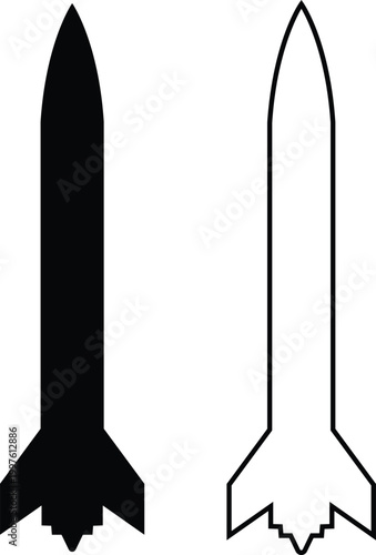 Rocket missile space launch vehicle icon set collection group in black flat and line style featuring rocket, missile, spacecraft, booster, launch synonym elements for aerospace, military and technolog