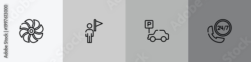 holidays outline icon set featuring ventilation, tourist guide, parking car, hotel phone icons.